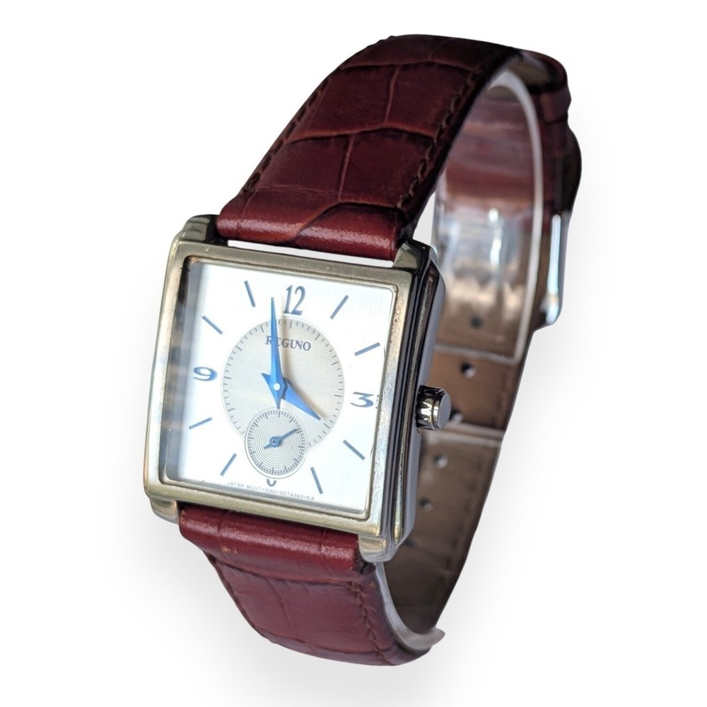 Citizen Reguno Watch Vintage Silver Square Red Embossed Leather Strap